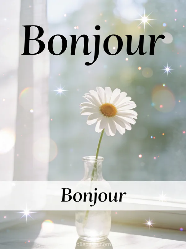 Marguerite parfaite dans un vase en verre simple sur fond blanc minimaliste avec le texte Bonjour noir épuré