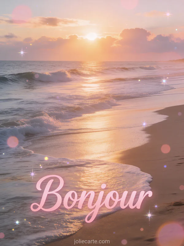 Lever de soleil rose et or sur l'océan avec vagues douces sur plage de sable avec le texte Bonjour rose aurore