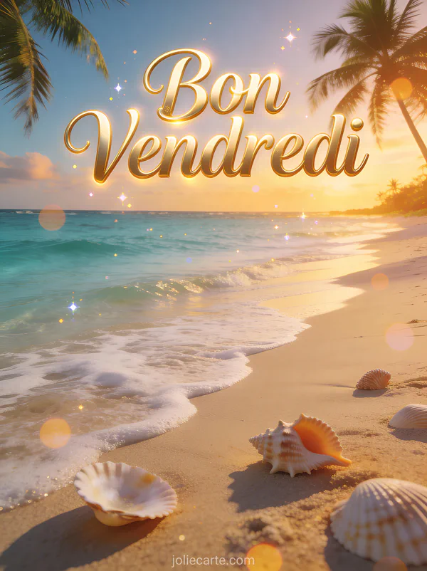 Plage tropicale avec eau turquoise, palmiers et coquillages sur sable blanc avec le texte Bon Vendredi