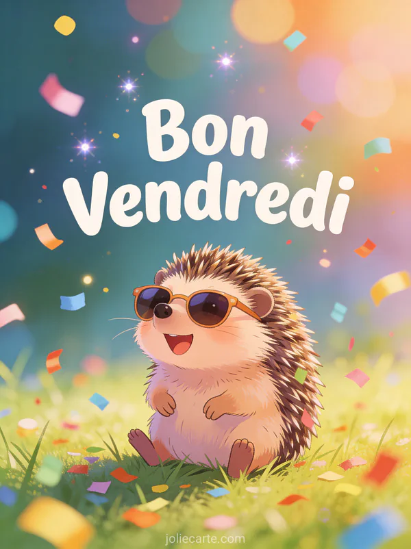 Adorable hérisson avec lunettes de soleil entouré de confettis colorés avec le texte Bon Vendredi