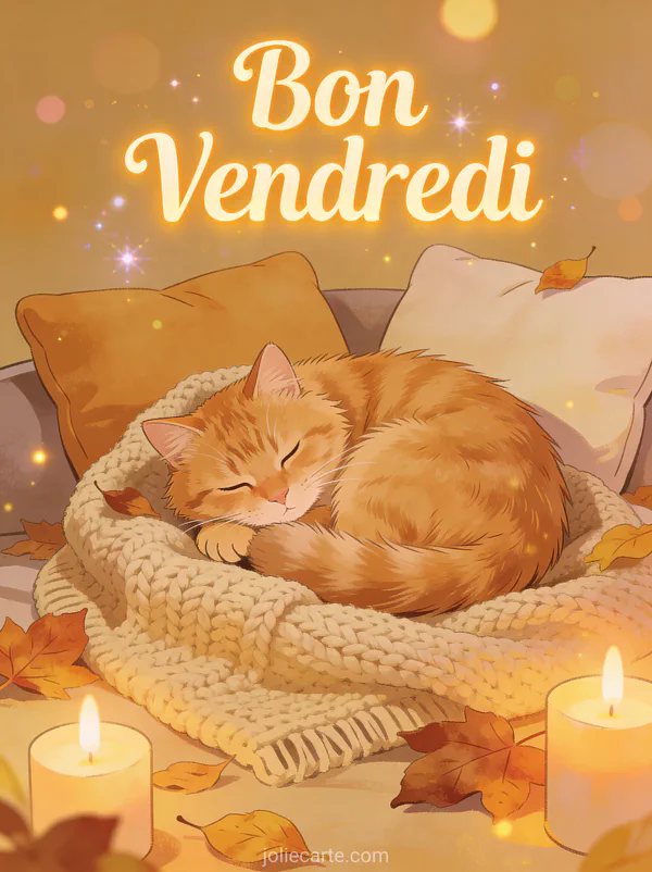 Chat roux pelucheux lové sur un plaid tricoté avec bougies et ambiance cosy avec le texte Bon Vendredi