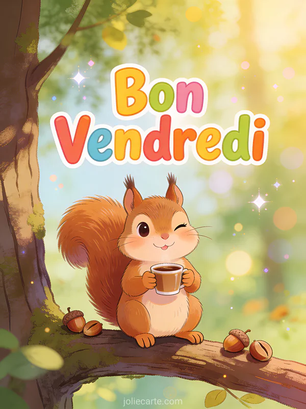 Écureuil malicieux tenant une petite tasse de café sur une branche avec glands autour et texte Bon Vendredi