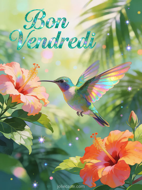 Colibri irisé en vol près de fleurs d'hibiscus tropicales avec feuillage luxuriant et texte Bon Vendredi