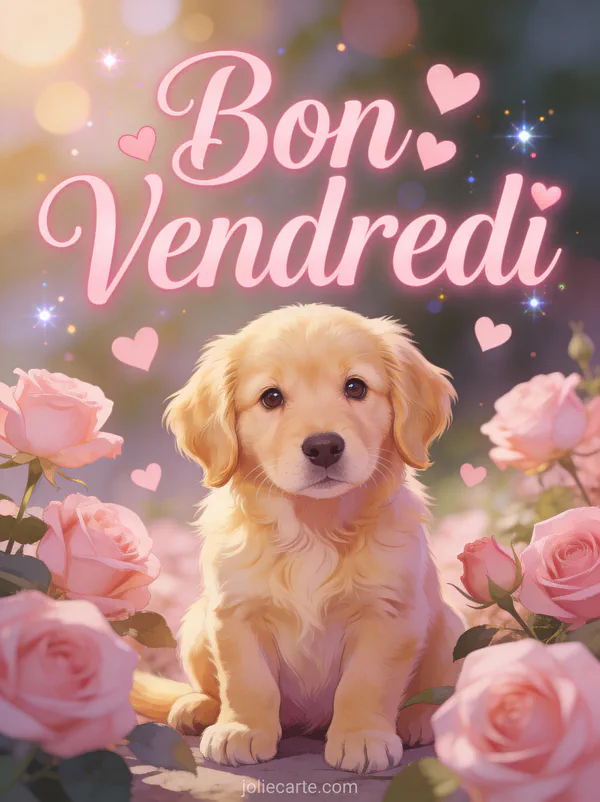 Chiot golden retriever au regard tendre entouré de roses roses et de coeurs flottants avec le texte Bon Vendredi
