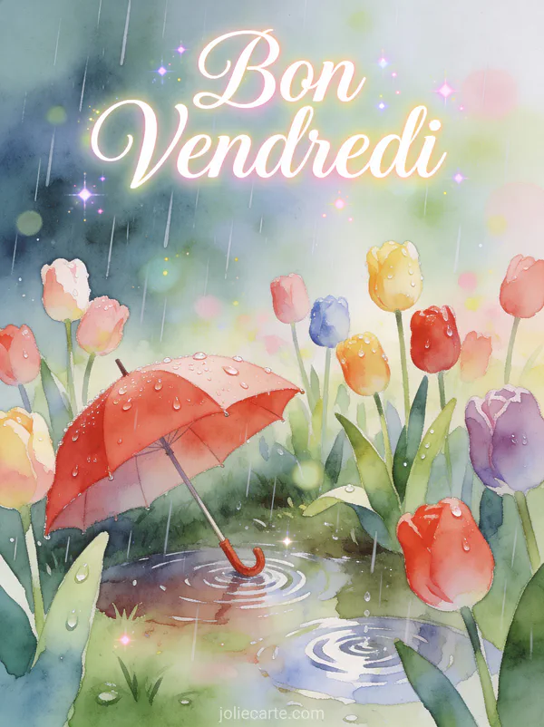 Tulipes colorées glistening sous la pluie avec un parapluie rouge et le texte Bon Vendredi en aquarelle