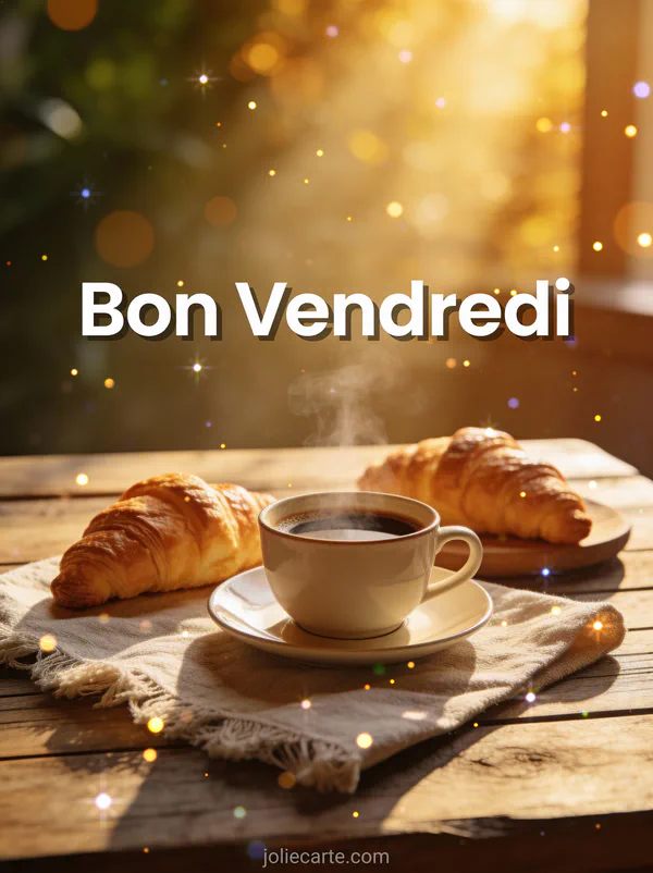 Photo réaliste d'un petit-déjeuner avec café fumant et croissants sur table en bois avec le texte Bon Vendredi