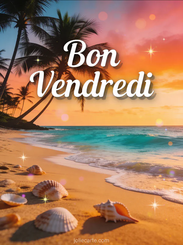 Plage tropicale au coucher du soleil avec palmiers et vagues turquoise et le texte Bon Vendredi en calligraphie blanche