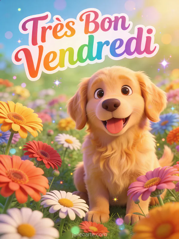 Chiot golden retriever joyeux assis dans un champ de gerberas colorés avec le texte Très Bon Vendredi arc-en-ciel