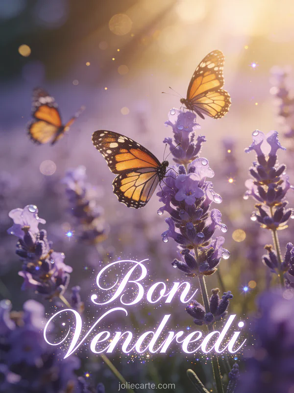 Papillons monarques volant au-dessus d'un champ de lavande avec rosée matinale et le texte Bon Vendredi scintillant