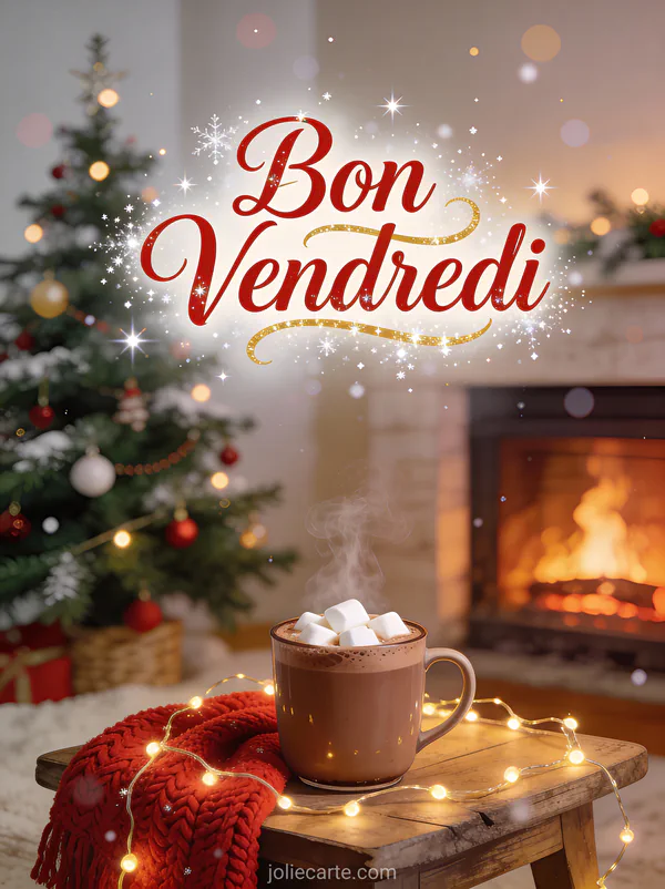 Scène cosy de Noël avec sapin décoré et chocolat chaud aux marshmallows avec le texte Bon Vendredi en rouge et or