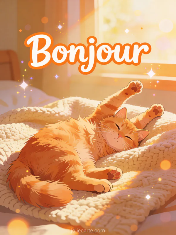 Chat roux pelucheux qui s'étire sur un plaid tricoté avec le texte Bonjour
