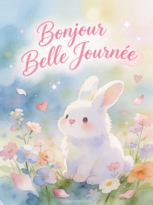 Lapin blanc pelucheux parmi des fleurs sauvages pastel avec petits coeurs et le texte Bonjour Belle Journée