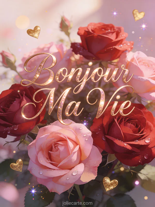 Bouquet de roses rouges et roses avec gouttes de rosée et petits coeurs dorés avec le texte Bonjour Ma Vie
