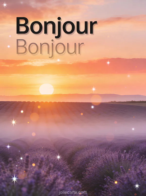 Lever de soleil doré sur un champ de lavande en Provence avec brume matinale et le texte Bonjour