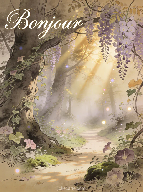 Sentier forestier mystique bordé de glycine et ipomée avec rayons de lumière à travers les arbres et le texte Bonjour