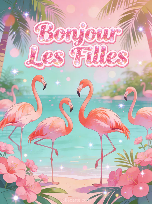 Groupe de flamants roses élégants près d'un lagon tropical avec fleurs et palmiers et le texte Bonjour Les Filles