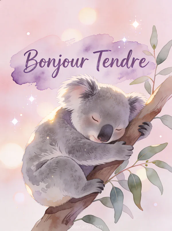Koala adorable et endormi serrant une branche d'eucalyptus dans la lumière du matin avec le texte Bonjour Tendre