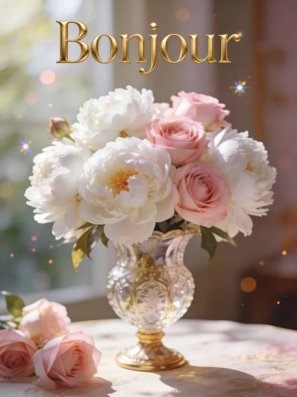 Bouquet de pivoines blanches et roses poudrées dans un vase en cristal vintage avec lumière douce et le texte Bonjour