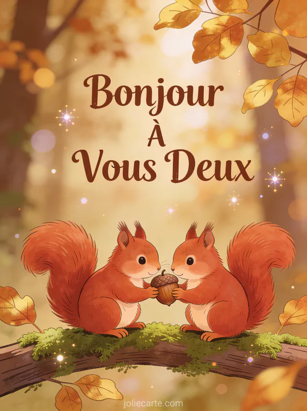 Deux écureuils roux assis ensemble sur une branche moussue partageant un gland avec feuilles dorées et le texte Bonjour À Vous Deux