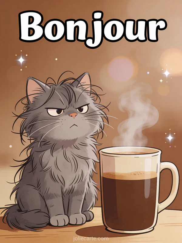 Chat gris pelucheux à la mine grognonne avec pelage ébouriffé à côté d'une grande tasse de café fumant avec le texte Bonjour