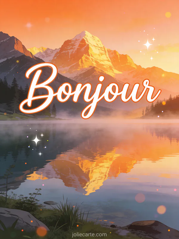 Lac de montagne à l'aube avec brume et reflet parfait des sommets dans la lumière dorée avec le texte Bonjour