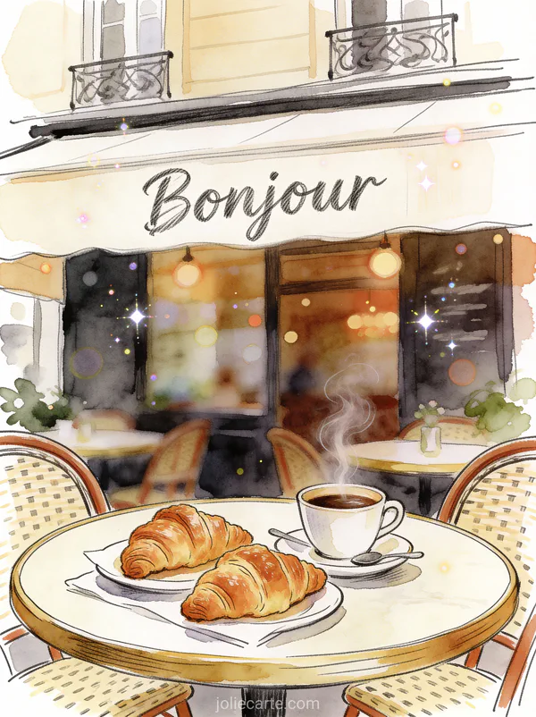 Illustration aquarelle d'une scène de café parisien avec croissants et café fumant sur une table de bistro avec le texte Bonjour