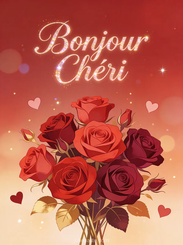 Roses rouges et bordeaux élégantes avec petits coeurs flottants dans des tons or et rouge profond avec le texte Bonjour Chéri