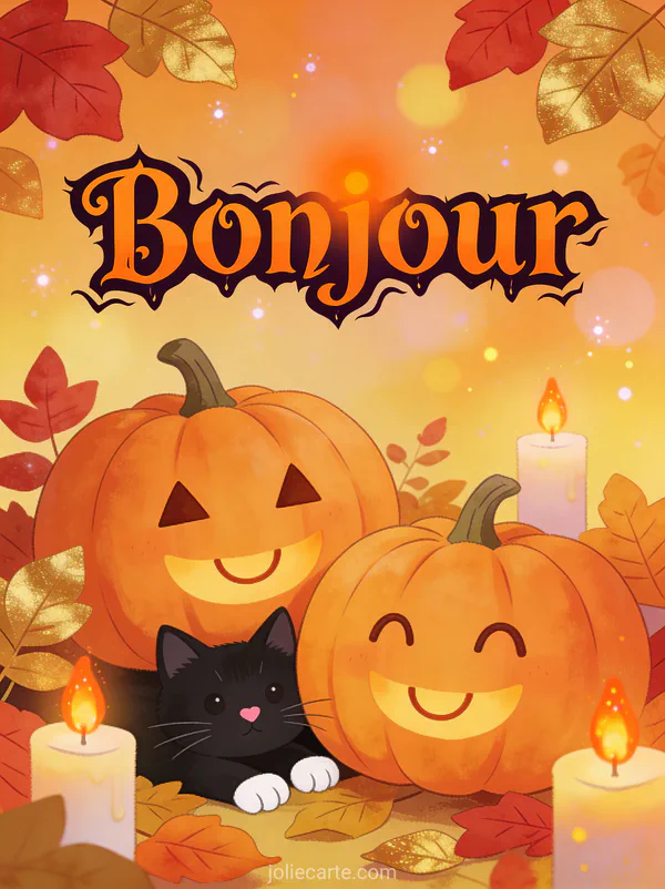 Citrouilles sculptées souriantes avec feuilles d'automne et bougies et chat noir qui observe derrière avec le texte Bonjour