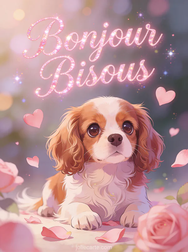 Chiot cavalier king charles aux grands yeux tendres entouré de coeurs roses et pétales de rose avec le texte Bonjour Bisous