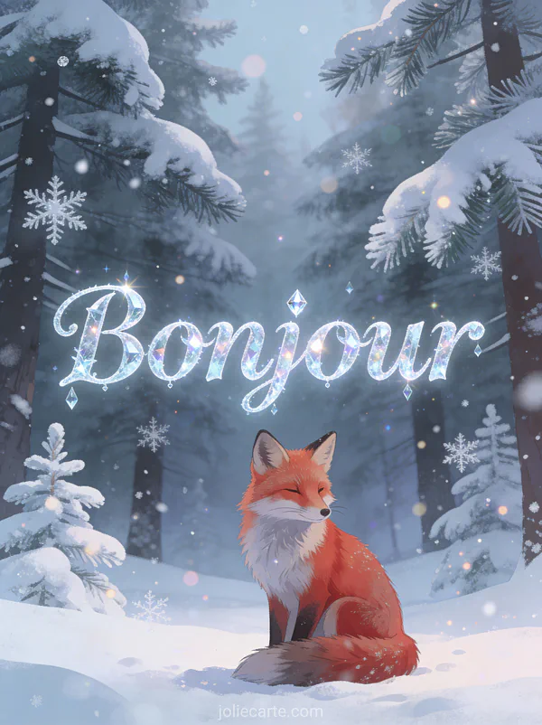 Renard roux assis paisiblement dans une forêt enneigée avec flocons qui tombent et pins givrés avec le texte Bonjour
