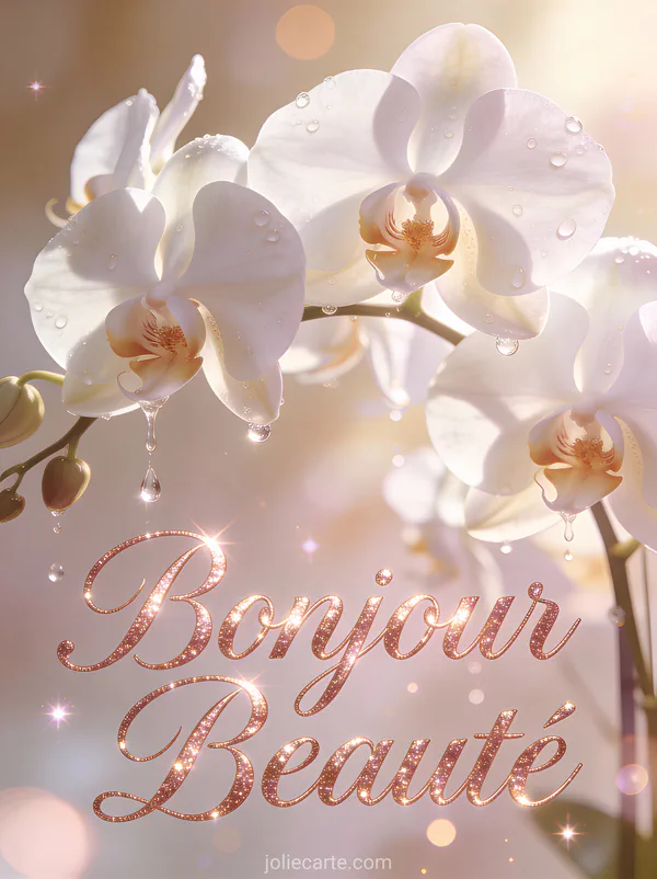 Orchidées phalaenopsis blanches avec gouttes de rosée dans une ambiance spa luxueuse avec lumière douce et le texte Bonjour Beauté