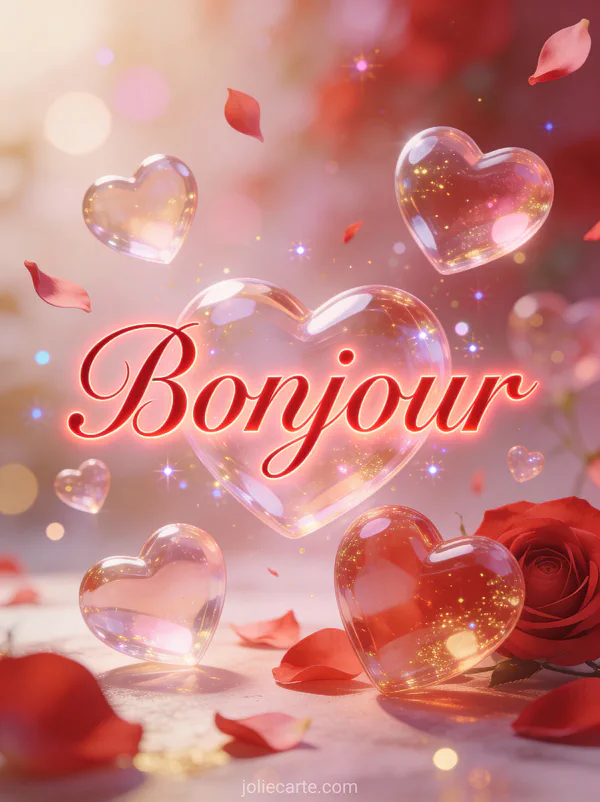 Composition de cœurs translucides flottants de différentes tailles avec pétales de rose dans des tons rouge rose et or avec le texte Bonjour