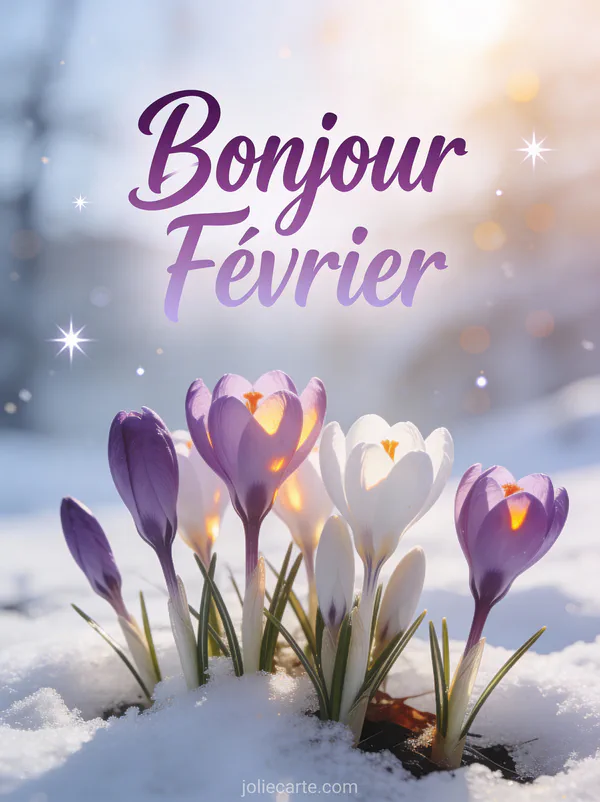 Crocus violets et blancs perçant la neige fondante avec lumière douce sur les pétales avec le texte Bonjour Février