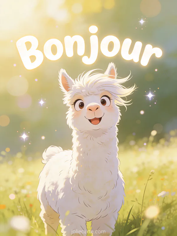Alpaga blanc pelucheux avec expression comique et poils au vent regardant l'objectif dans une prairie ensoleillée avec le texte Bonjour