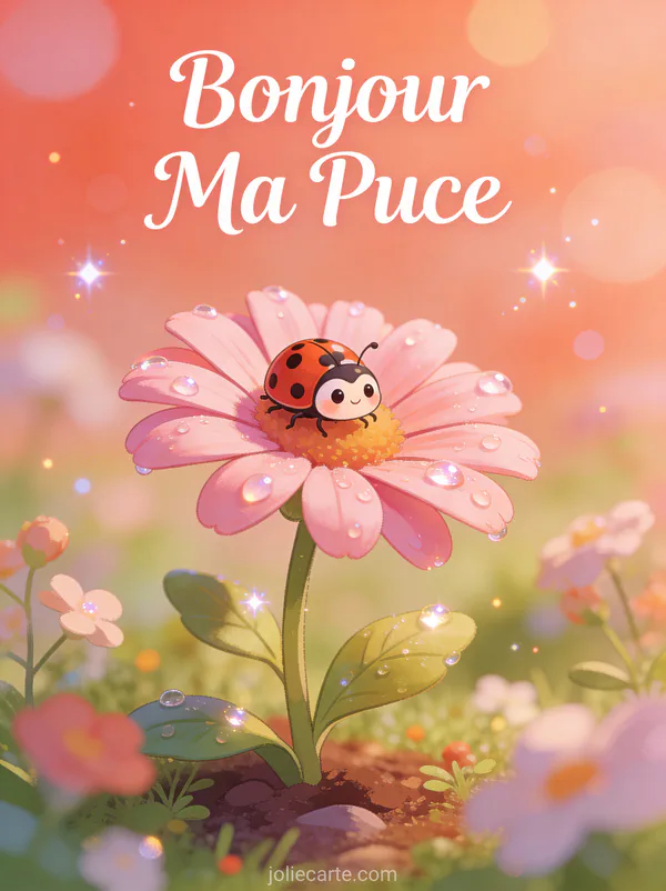 Adorable coccinelle sur une marguerite rose avec gouttes de rosée scintillantes dans un jardin miniature avec le texte Bonjour Ma Puce