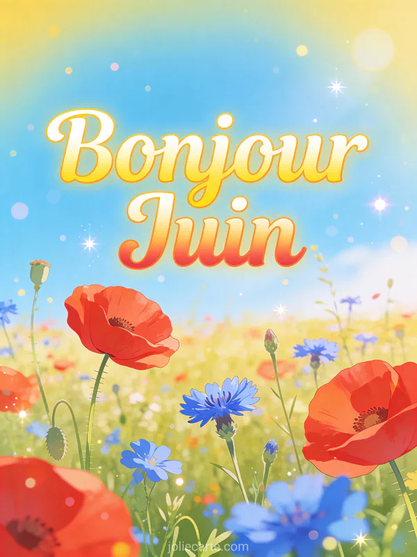 Champ de coquelicots rouges et bleuets sous un ciel bleu ensoleillé au début de l'été avec le texte Bonjour Juin