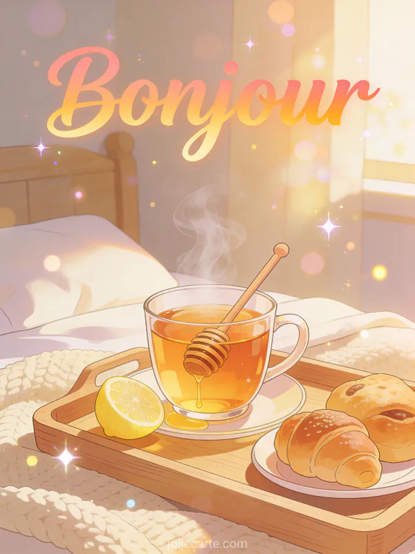 Tasse de thé fumant avec miel et citron sur plateau en bois avec viennoiseries dans la lumière du matin avec le texte Bonjour