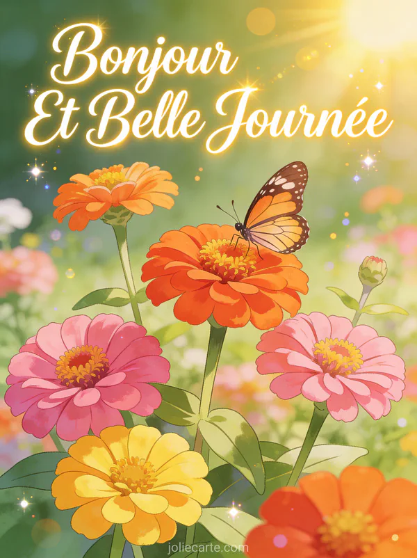 Papillon se posant sur des zinnias colorés orange rose et jaune dans un jardin ensoleillé avec le texte Bonjour Et Belle Journée