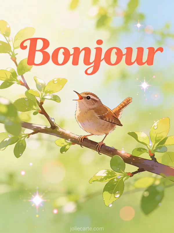 Petit troglodyte chantant sur une branche avec feuilles vertes fraîches dans la lumière cristalline du matin avec le texte Bonjour