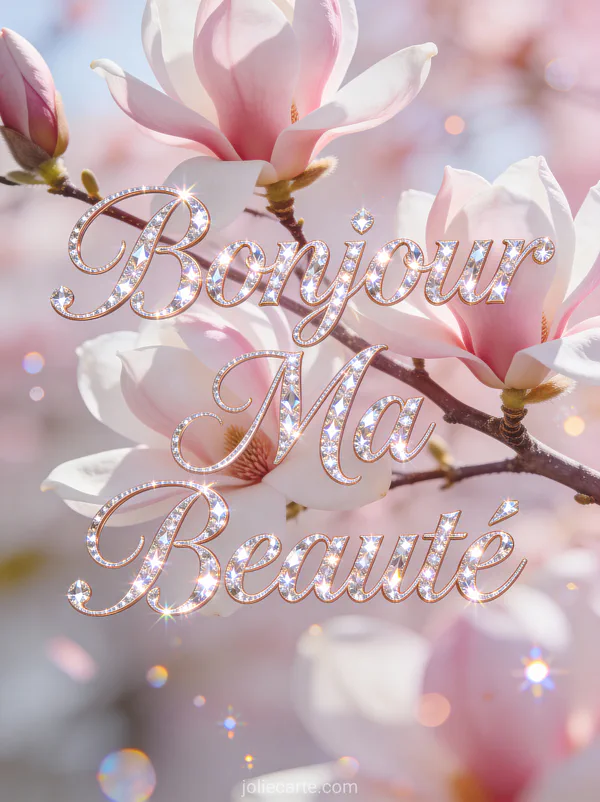 Fleurs de magnolia roses et blanches sur une branche avec fond flou et effet scintillant avec le texte Bonjour Ma Beauté
