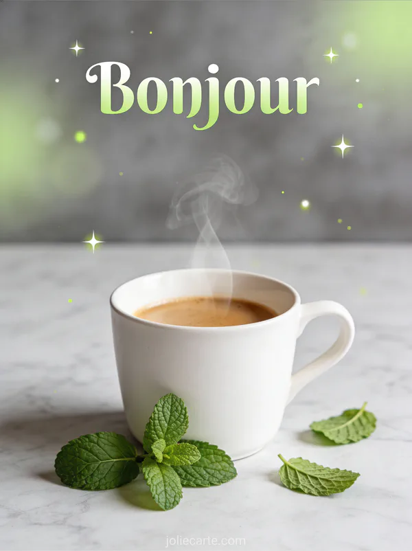 Tasse de café et feuilles de menthe fraîche sur surface en marbre dans un style scandinave minimaliste avec le texte Bonjour