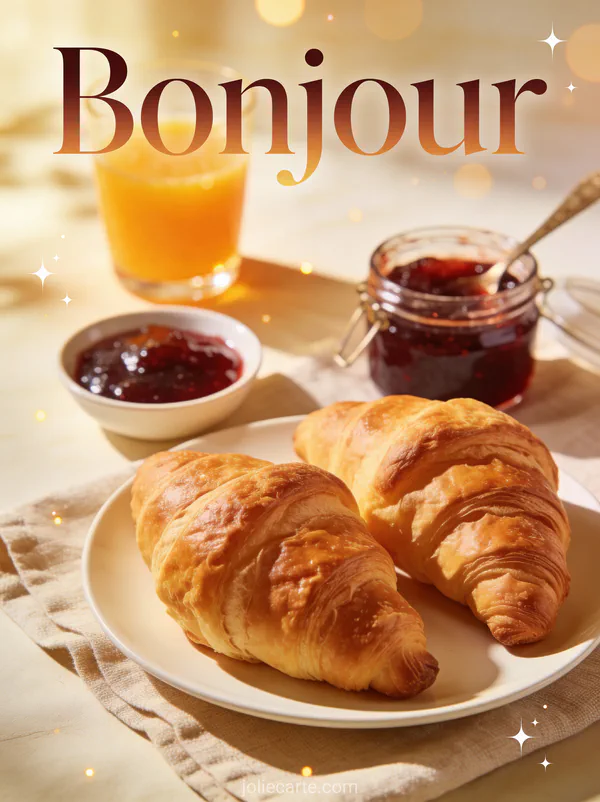 Petit-déjeuner français luxueux avec croissants frais confiture et jus d'orange sur serviette en lin dans la lumière dorée avec le texte Bonjour