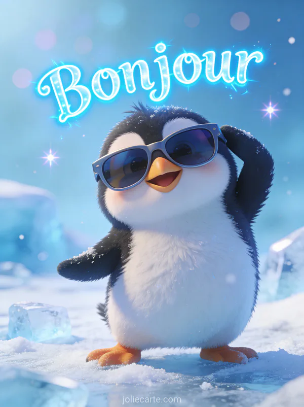 Pingouin rigolo portant des lunettes de soleil surdimensionnées prenant une pose cool sur fond de glace avec le texte Bonjour