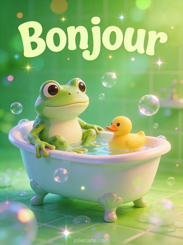 Grenouille cartoon dans une petite baignoire avec canard en plastique et bulles flottantes style 3D render avec le texte Bonjour