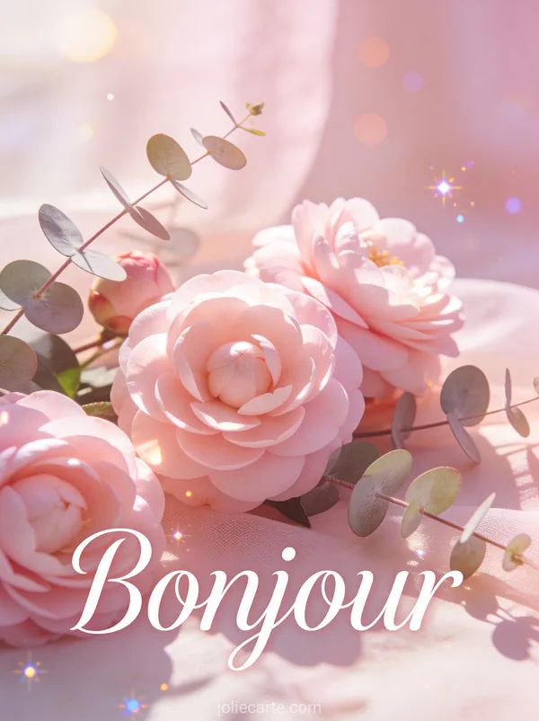 Arrangement délicat de camélias rose pâle et branches d'eucalyptus dans la lumière douce du matin avec le texte Bonjour