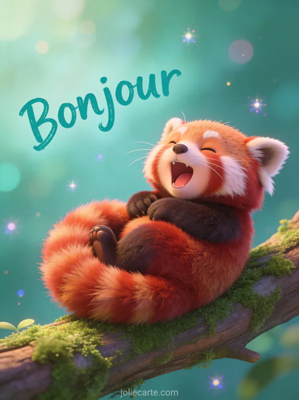 Panda roux cartoon pelucheux qui s'étire sur une branche moussue avec queue enroulée et expression de bâillement avec le texte Bonjour