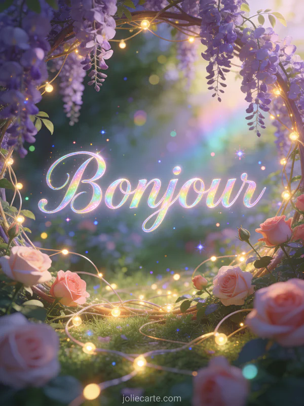 Jardin enchanté avec lumières féeriques scintillantes parmi roses et glycines dans une atmosphère magique et onirique avec le texte Bonjour