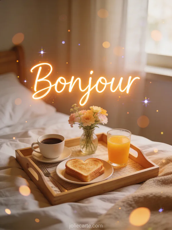 Plateau petit-déjeuner avec toast en forme de cœur café et jus d'orange frais et petit vase de fleurs avec le texte Bonjour
