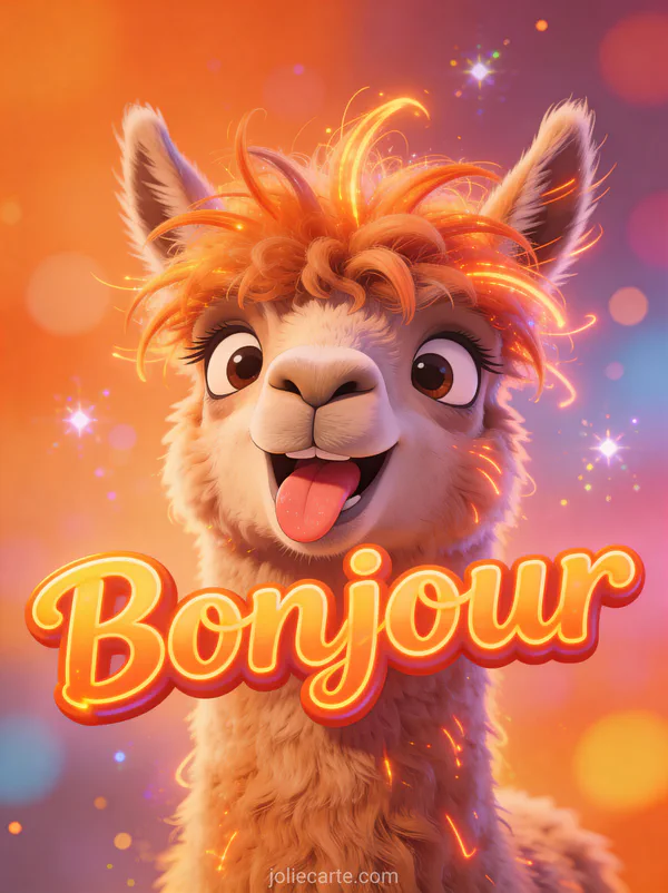 Lama cartoon aux cheveux fous faisant une grimace avec la langue tirée sur fond coloré avec le texte Bonjour
