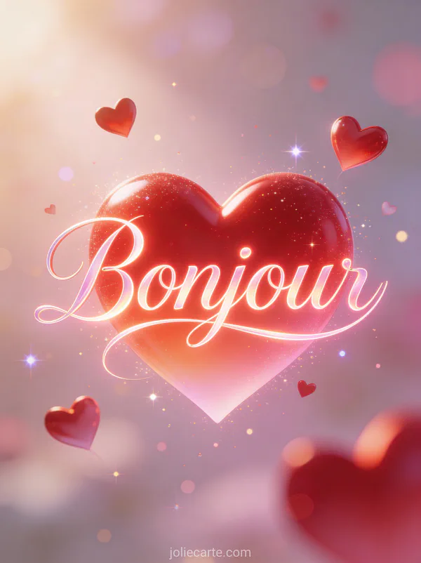 Cœurs rouges et roses flottants et dansants dans la lumière douce du matin avec effet scintillant avec le texte Bonjour